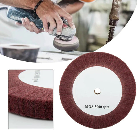 Top Tier Nylon Fiber Flap Polishing Wheel For Curves And Tight Spots Non Woven Abrasive Buffing Disc Delivers Shadow Free Finish On Wood And Metal Surfaces At 250mm Size in use with a power tool.