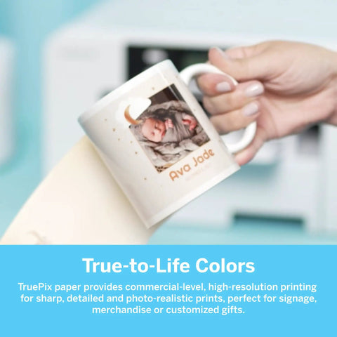 Person holding a mug personalized with a photo and text, printed using TruePix Sublimation Paper 8.5 x 11 Inches, 100 Sheets.