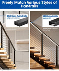 No Sweat Stainless Steel Cable Railing Kit For Stairs 16 To 20 Feet Modular Surface Mount 36 Inch Tall with stainless and LED handrails.