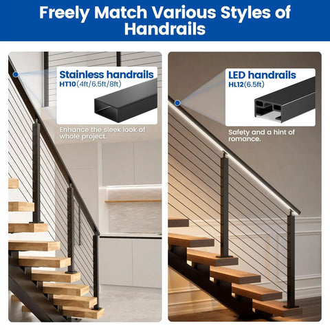 No Sweat Stainless Steel Cable Railing Kit For Stairs 16 To 20 Feet Modular Surface Mount 36 Inch Tall with stainless and LED handrails.