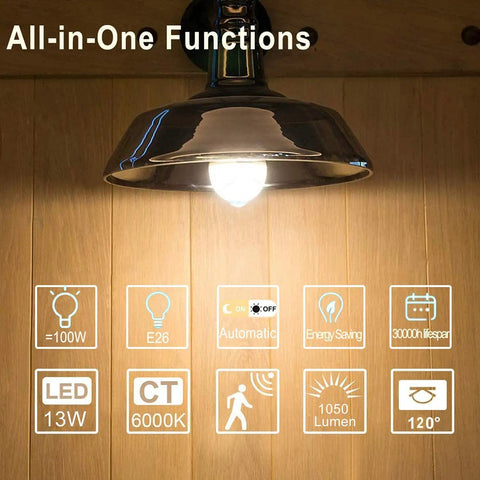 Outdoor Motion Sensor LED Bulbs 13W 100W Equivalent Dusk To Dawn PIR Infrared Motion Activated 5000K E26 A19 features diagram