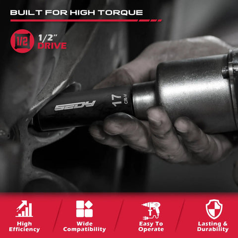Close-up of Heavy Duty 29-Piece 1/2 Inch Drive Impact Socket Set in use, showing SAE 17 CR-V socket attached to power tool.