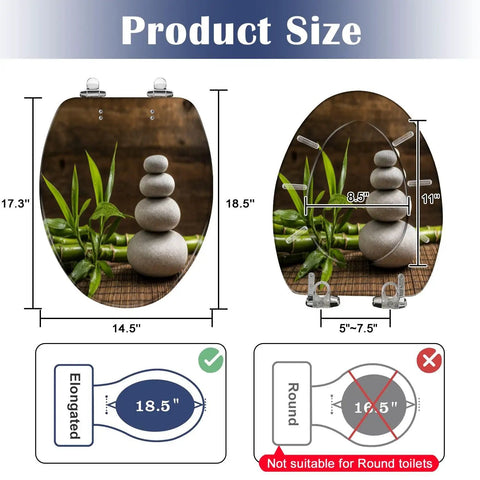Product size details for Elongated white zen balance stones bamboo plant wooden table Toilet Seat showing dimensions.