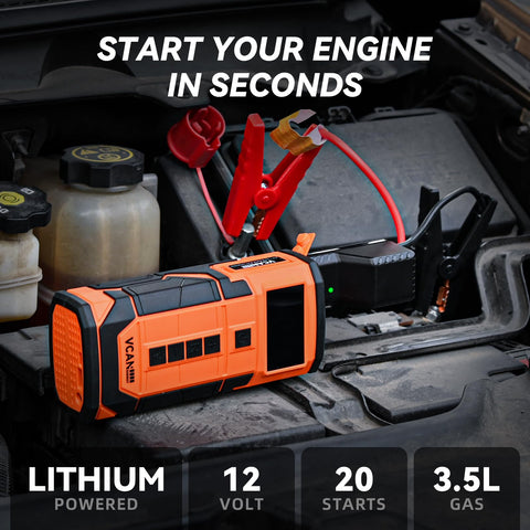 8000mAh Portable Jump Starter With Air Compressor And Tire Inflator connected to car battery engine compartment