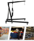 Folding Hydraulic Engine Hoist Cherry Picker 2 Ton 4400 Lbs Capacity Heavy Duty Carbon Steel Shop Crane side view on castors.