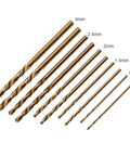 Ten Piece Cobalt Drill Bit Set For Stainless Steel And Hard Metals, Two Each Of 1mm, 1.5mm, 2mm, 2.5mm, And 3mm, jobber length
