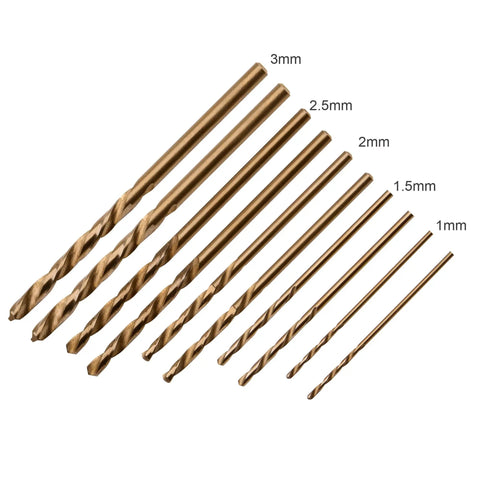 Ten Piece Cobalt Drill Bit Set For Stainless Steel And Hard Metals, Two Each Of 1mm, 1.5mm, 2mm, 2.5mm, And 3mm, jobber length