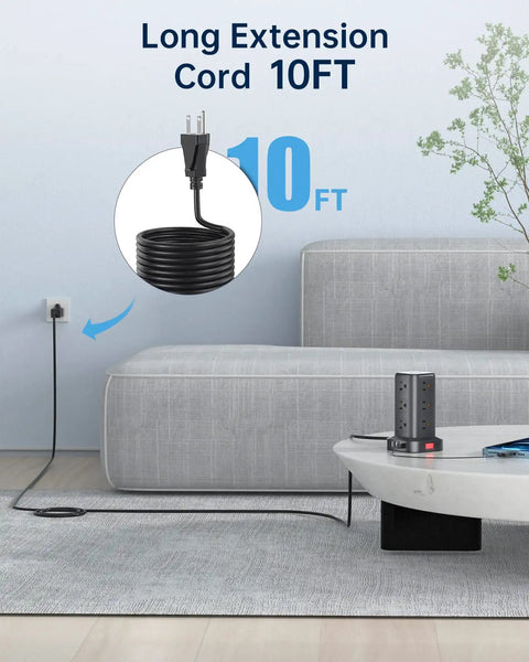 Surge Protector Power Strip Tower With 10 Ft Cord And 12 Outlets, 4 USB Ports Including 1 USB C for couch setup in living room