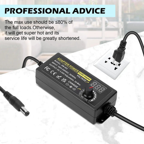 Dope Adjustable 3V To 24V DC Power Supply 3A 72W Universal AC DC Adapter with test leads plugged in