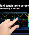 Person using touch screen on TO1112D Touch Screen Tablet Oscilloscope With Two Channel Handheld Digital Scope, Signal Generator And Multimeter
