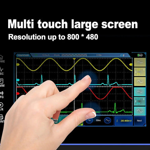 Person using touch screen on TO1112D Touch Screen Tablet Oscilloscope With Two Channel Handheld Digital Scope, Signal Generator And Multimeter