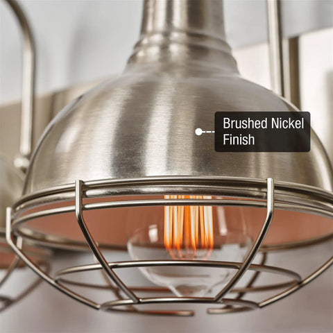 Close-up of 36-Inch 4-Light Modern Industrial Vanity Light With Metal Cage Shades In Brushed Nickel Finish detail