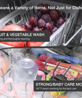 No Sweat Portable Countertop Dishwasher With Slick Wifi App Control, Five Liter Built In Water Tank, Six Fast Wash Cycles, 360 Dual Spray Jets, High Heat Sanitize, Automatic Air Dry, And Deep Clean Mode For Daily Dishes with fruits and baby items being washed.