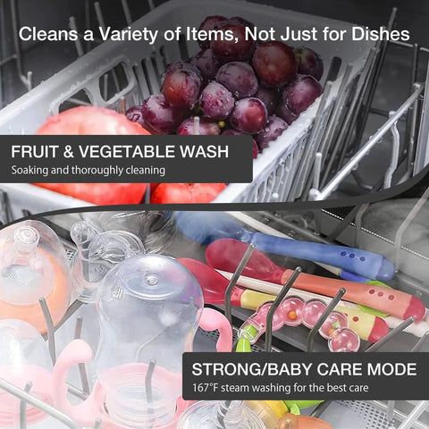 No Sweat Portable Countertop Dishwasher With Slick Wifi App Control, Five Liter Built In Water Tank, Six Fast Wash Cycles, 360 Dual Spray Jets, High Heat Sanitize, Automatic Air Dry, And Deep Clean Mode For Daily Dishes with fruits and baby items being washed.