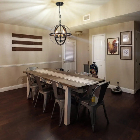 Dining room with Three Light Vintage Pendant Chandelier In Matte Black With Spherical Shades, farmhouse decor