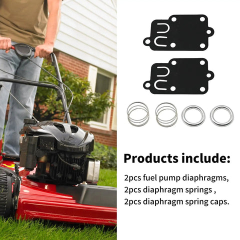 Carburetor Diaphragm Gasket Kit For 270026 272538 272538S 272637 includes diaphragms, springs, and caps next to lawn mower
