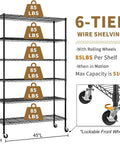 Six Tier Heavy Duty Wire Shelving Unit With Wheels 2100 Lb Capacity 45 By 18 By 82 Inches Adjustable Shelves In One Inch Increments NSF Certified Garage Basement Storage Rack Black Metal, 6-tier wire shelf