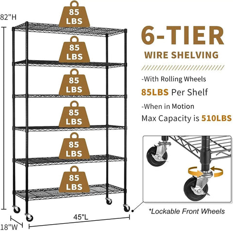 Six Tier Heavy Duty Wire Shelving Unit With Wheels 2100 Lb Capacity 45 By 18 By 82 Inches Adjustable Shelves In One Inch Increments NSF Certified Garage Basement Storage Rack Black Metal, 6-tier wire shelf