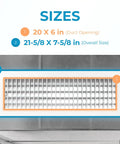 No Hassle Duct Opening Heater Vent Deflector Wall Grille With Adjustable Front Blades White Premium Rustproof Register Vent Cover For 20x6 Inch Openings Overall Size 21-5/8x7-5/8 Inch Durable Home Vent Grill showing size specifications on a wall.