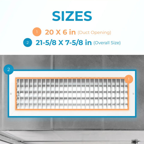 No Hassle Duct Opening Heater Vent Deflector Wall Grille With Adjustable Front Blades White Premium Rustproof Register Vent Cover For 20x6 Inch Openings Overall Size 21-5/8x7-5/8 Inch Durable Home Vent Grill showing size specifications on a wall.
