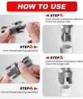 Two Piece Pipe Threading Tool Kit For Water Pipes With Half Inch And Three Quarter Inch Internal And External Threaders Alloy Steel Construction Drill Compatible Grab And Go DIY Plumbing Solution For Home And Pro Projects with step-by-step usage instructions