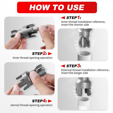 Two Piece Pipe Threading Tool Kit For Water Pipes With Half Inch And Three Quarter Inch Internal And External Threaders Alloy Steel Construction Drill Compatible Grab And Go DIY Plumbing Solution For Home And Pro Projects with step-by-step usage instructions
