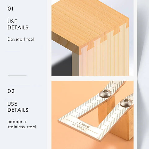 Top Tier Dovetail Marker And Joinery Guide With Dead Accurate Scale Marks, wood joints layout on smooth wood surface.