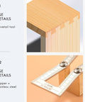 Dead On Dovetail Marking Gauge And Layout Tool Featuring Laser Cut Precision With Dual Angle Blades For No Sweat Woodworking Joints Solid Copper Steel Build For Hardwood And Softwood Projects Silver showing dovetail joint and precision gauge set on wood.