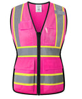 Snug Fit Reflective Safety Vest For Women With Utility Pockets Adjustable Elastic Waist Bright Pink High Vis Construction Gear, front view.