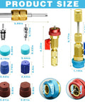 31Pcs R134A Valve Core Quick Remover And Installer Tool Set with labeled dimensions for AC refrigerant system components