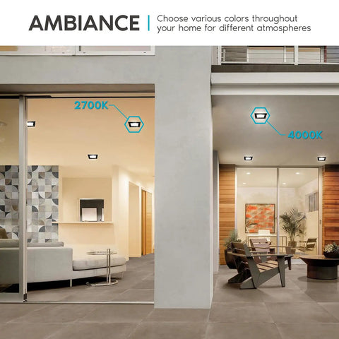 Six Inch Ultra Thin Square Recessed LED Downlight Kit Four Pack With Five Color Temp Options 2700K To 5000K Dimmable 12W IC And Wet Rated 1000 Lumens Canless Black Trim installed in modern living area.