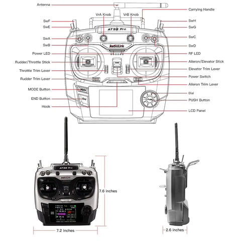Front and side view of ten and twelve channel radio transmitter and receiver with beefed up long range and DSSS FHSS tech.