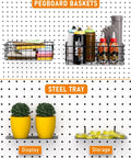 Pegboard Organizer Kit With 30 Pieces Including Bins, Baskets, Cups, Paper Towel Holder, Wire Tray And 18 Straight Hooks For 1/8 And 1/4 Inch Pegboards Garage, Workshop, Craft Room Storage Upgrade showing black wire baskets and steel trays on a pegboard