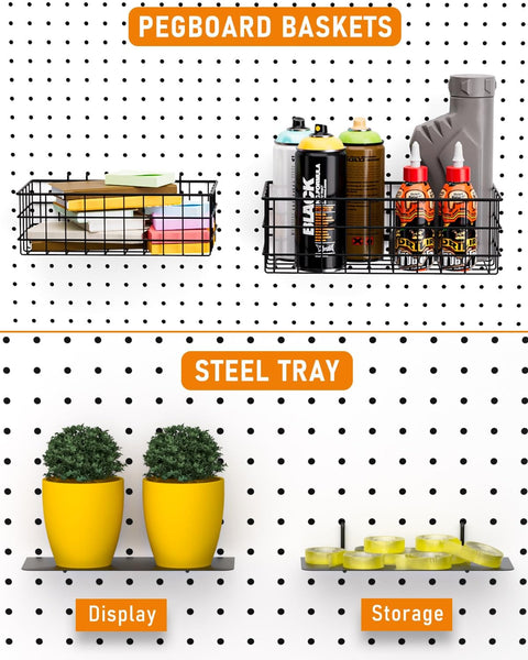 Pegboard Organizer Kit With 30 Pieces Including Bins, Baskets, Cups, Paper Towel Holder, Wire Tray And 18 Straight Hooks For 1/8 And 1/4 Inch Pegboards Garage, Workshop, Craft Room Storage Upgrade showing black wire baskets and steel trays on a pegboard