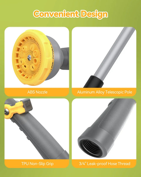 Close-up image of Extendable Garden Water Wand details, including ABS nozzle, aluminum pole, and TPU non-slip grip.