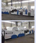 Automatic Toilet Paper Rewinder Machine Heavy Duty Tissue Production Line Plug And Play Setup Rock Solid Frame Customizable Embossing Cutting Systems For Startups in an industrial setting with blue accents.