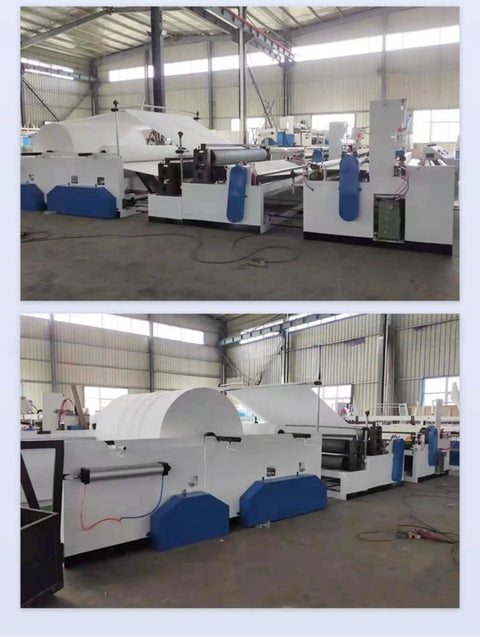 Automatic Toilet Paper Rewinder Machine Heavy Duty Tissue Production Line Plug And Play Setup Rock Solid Frame Customizable Embossing Cutting Systems For Startups in an industrial setting with blue accents.