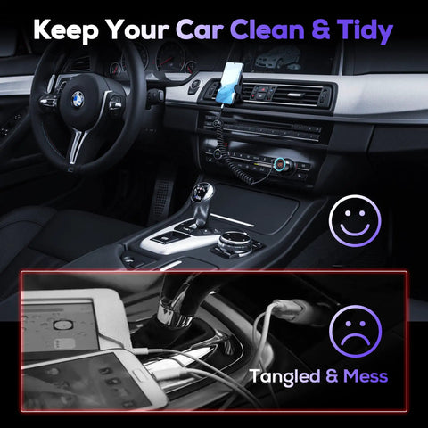 Interior of a car showing clean dashboard with Beast Mode Usb C Car Charger 75W Heavy Duty Slick Metal Housing connected.