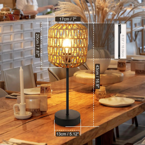Rustic Rattan Table Lamp With Handmade Woven Shade, Dimmable Touch Control Boho Nightstand Light To Create A Cozy Vibe on dining table