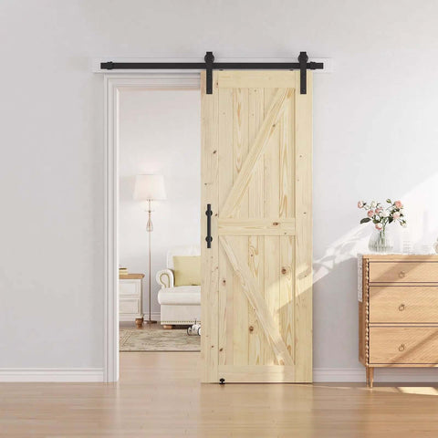 30 Inch By 84 Inch Sliding Barn Door With 5 Foot Hardware Kit Included, Unfinished Solid Spruce, installed in modern home interior.
