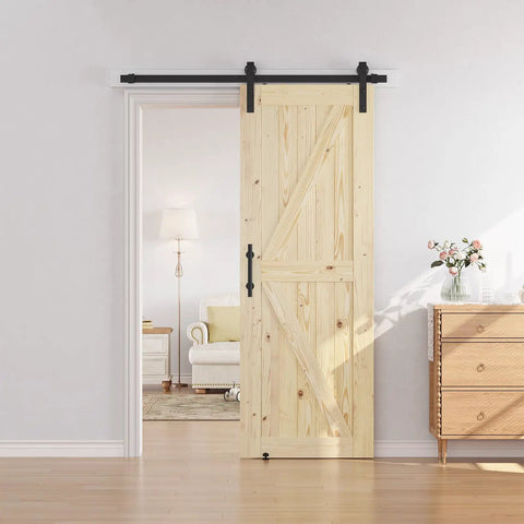 30 By 80 Inches Sliding Barn Door Includes Five Foot Hardware Kit For Easy Install gliding open in a bright room with furniture.