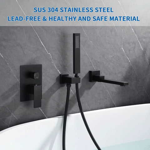 Matte Black Wall Mounted Bathtub Faucet Set With 180 Degree Swivel Spout Tub Filler With Hand Shower Single Handle