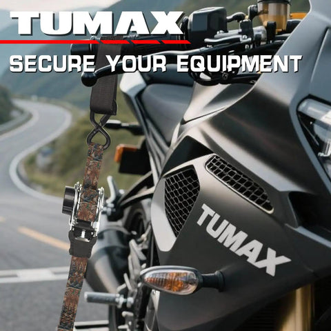 Heavy Duty Retractable Ratchet Straps Two Pack One Inch X Ten Foot Auto Retract Cargo Tie Downs secured to motorcycle handlebar.
