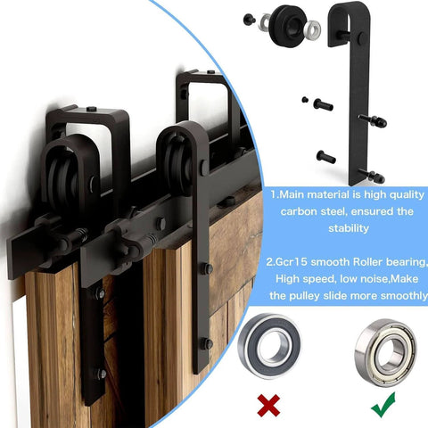 Space Saving Bypass Sliding Barn Door Hardware Kit With Double Track For Low Ceiling Heavy Duty Smooth Glide For Double Wooden Doors Easy Install Carbon Steel Hangers Aluminum Rails And POM Wheels Built To Last image showing close-up of hangers and rails.