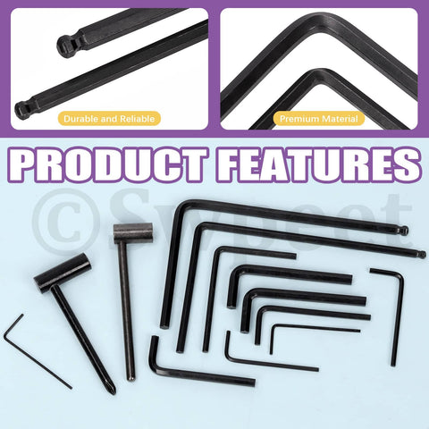 Guitar Allen Wrench Set With 13 Pieces For Precise Truss Rod And Nut Adjustments, displaying hex, box, and ball wrenches.