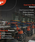 Industrial factory with robotic arms, cast iron/steel materials, highlighting compressive strength and stamping process