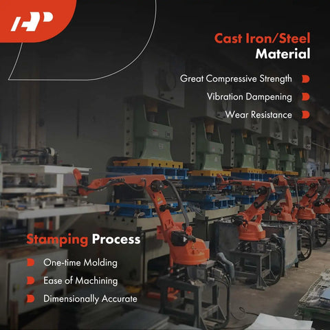 Industrial factory with robotic arms, cast iron/steel materials, highlighting compressive strength and stamping process