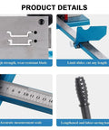 Heavy Duty Bench Mounted Din Rail Cutter For Wire Duct Trunking With 45 And 90 Degree Head And Measuring Ruler Pro Grade Tool showing a wear-resistant blade and measurement scale.