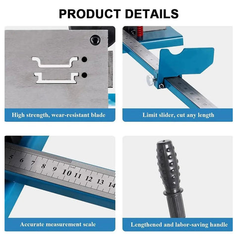 Heavy Duty Bench Mounted Din Rail Cutter For Wire Duct Trunking With 45 And 90 Degree Head And Measuring Ruler Pro Grade Tool showing a wear-resistant blade and measurement scale.