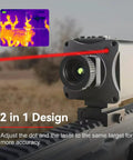 Tough Thermal Night Vision Hunting Scope With 320x240 Infrared Sensor Real Time 50Hz Frame Crosshair And Red Laser Aiming Waterproof 3x Digital Zoom Long Battery Life Fits 21mm Rail mounted on rifle